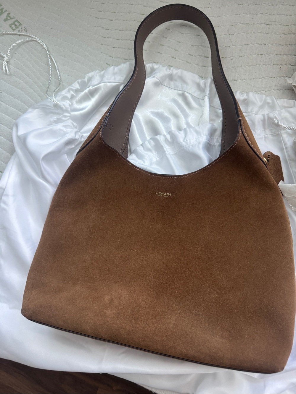 COACH Brown Suede Shoulder Bag with Contrast Leather Handle